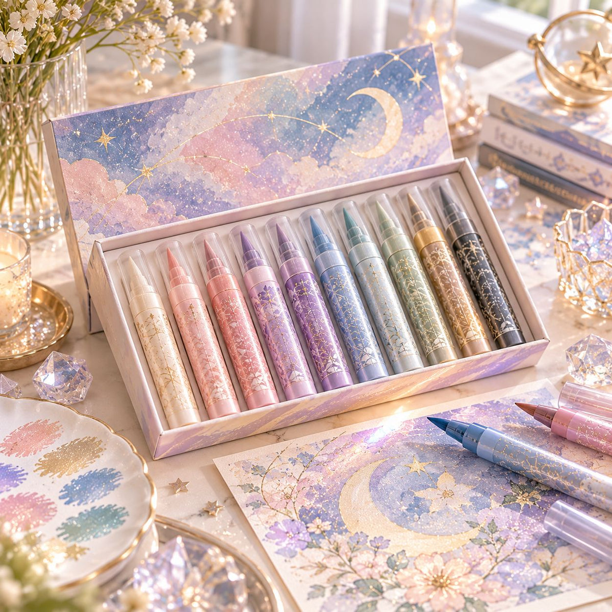 AVORELIC™ Moonmist Shimmer Glow Paint Pens – Fine-Shimmer Water-Based Craft Paint Pen Set