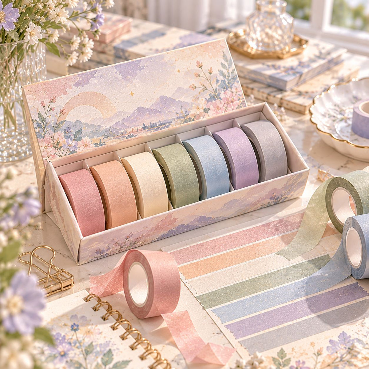 AVORELIC™ Quiet Rainbow Morandi Washi Tape Set – 7 Solid Color Decorative Paper Tapes for Journaling