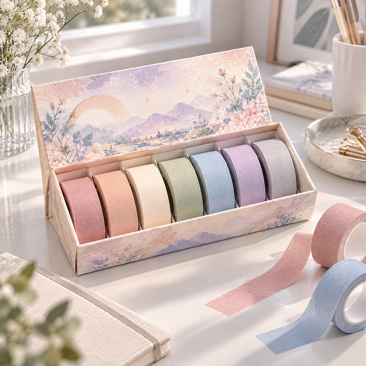 AVORELIC™ Quiet Rainbow Morandi Washi Tape Set – 7 Solid Color Decorative Paper Tapes for Journaling