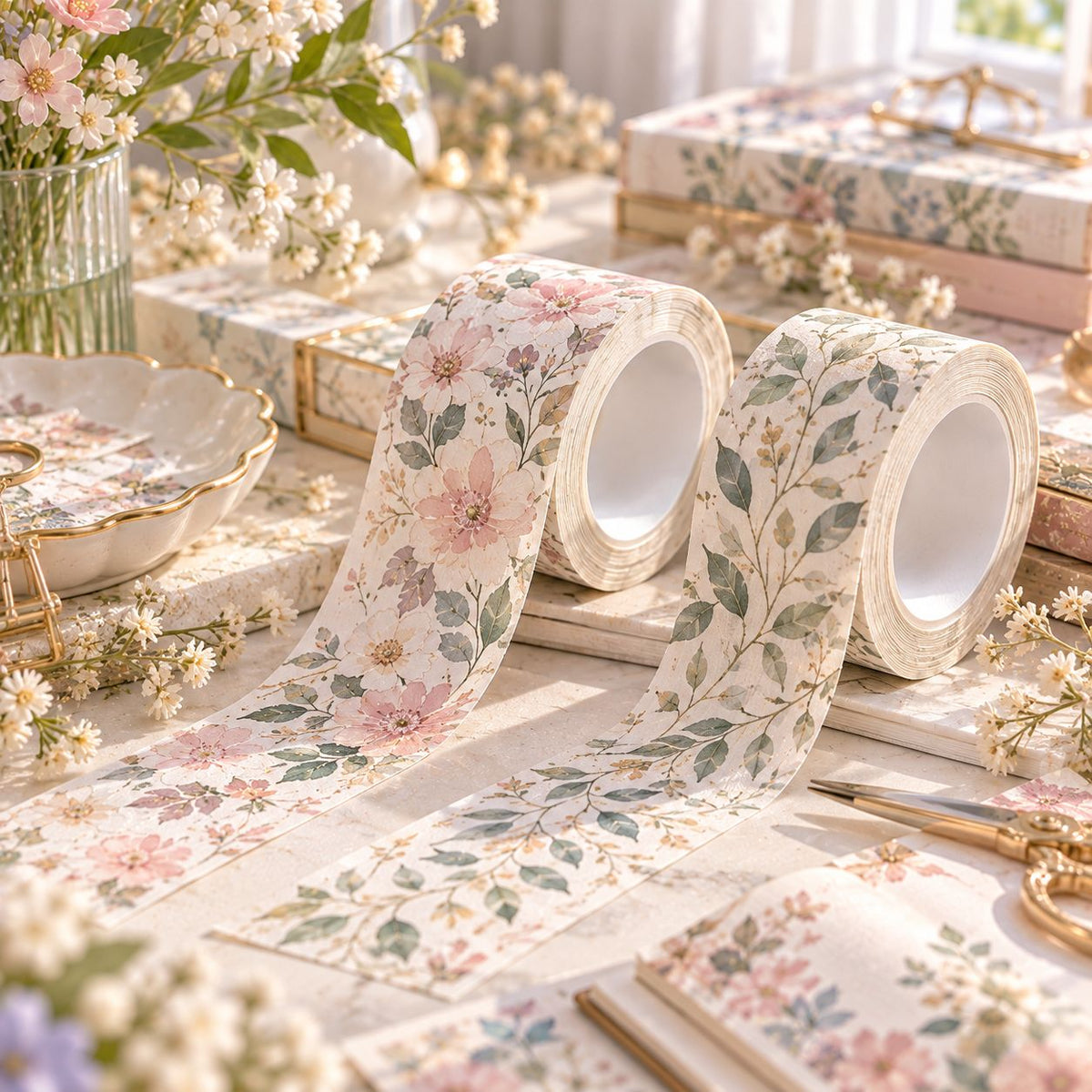 AVORELIC™ Still Garden Botanical Washi Tape Duo – Minimal Floral & Leaf Journaling Decorative Tape