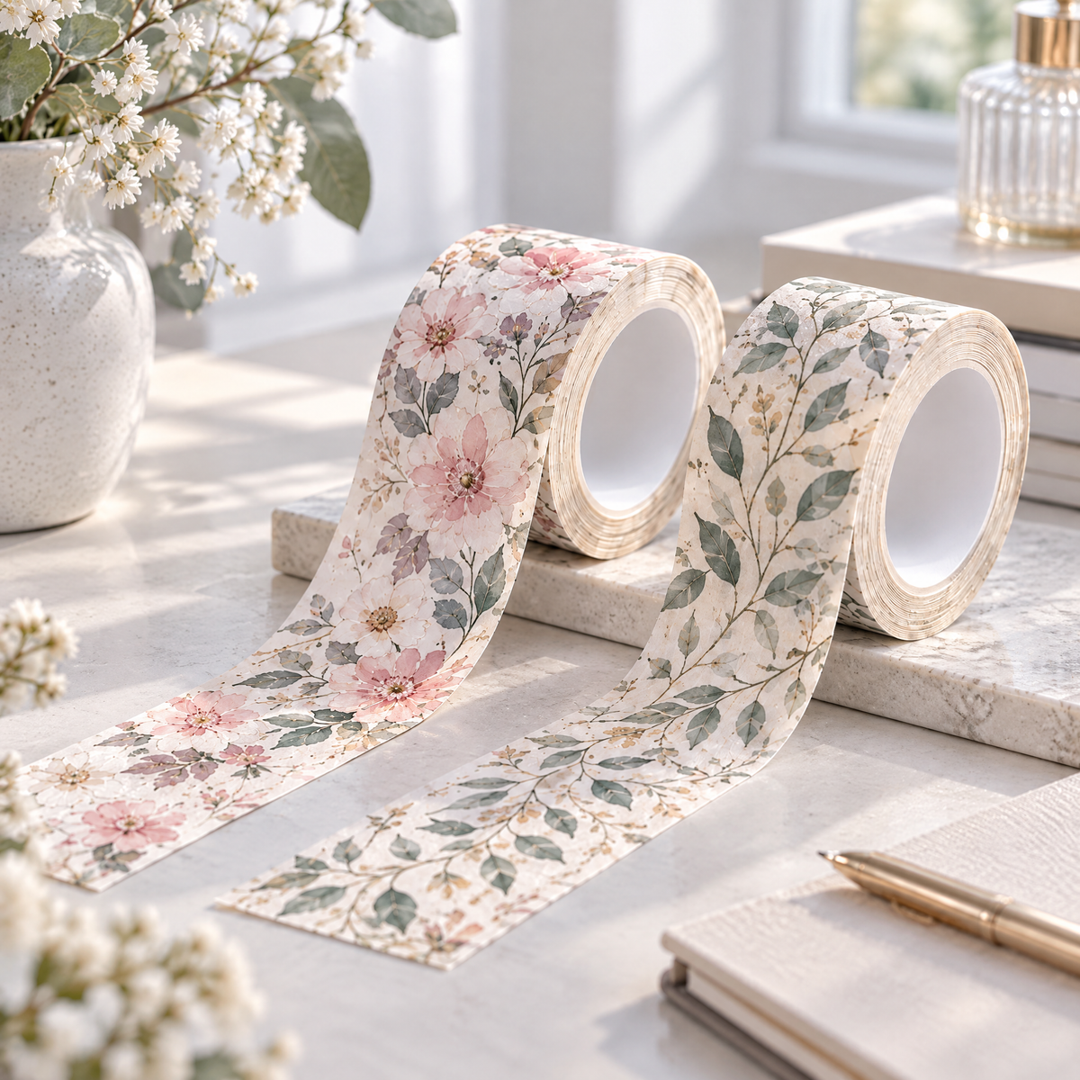 AVORELIC™ Still Garden Botanical Washi Tape Duo – Minimal Floral & Leaf Journaling Decorative Tape